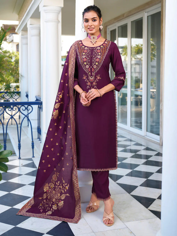 Purple  Pure Viscose Pant Suit 192307